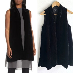 Eileen Fisher Long Quilted Velvet Vest Black Silk Sz XXS Whimsigoth